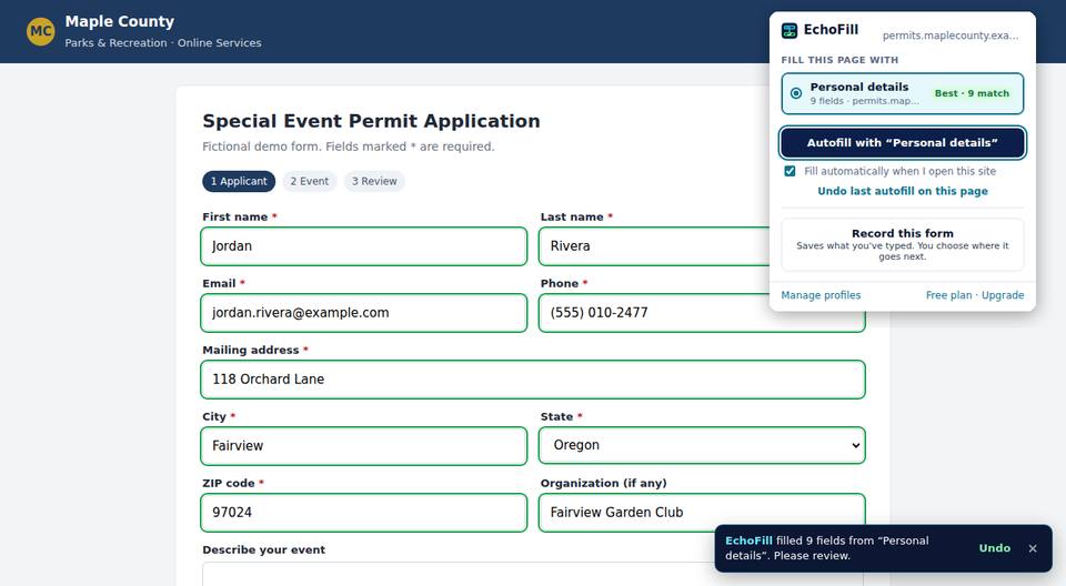 EchoFill has filled a county permit application automatically; a notice offers Undo.