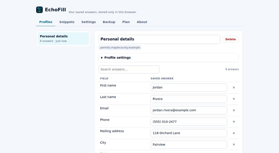 EchoFill settings page listing saved answers